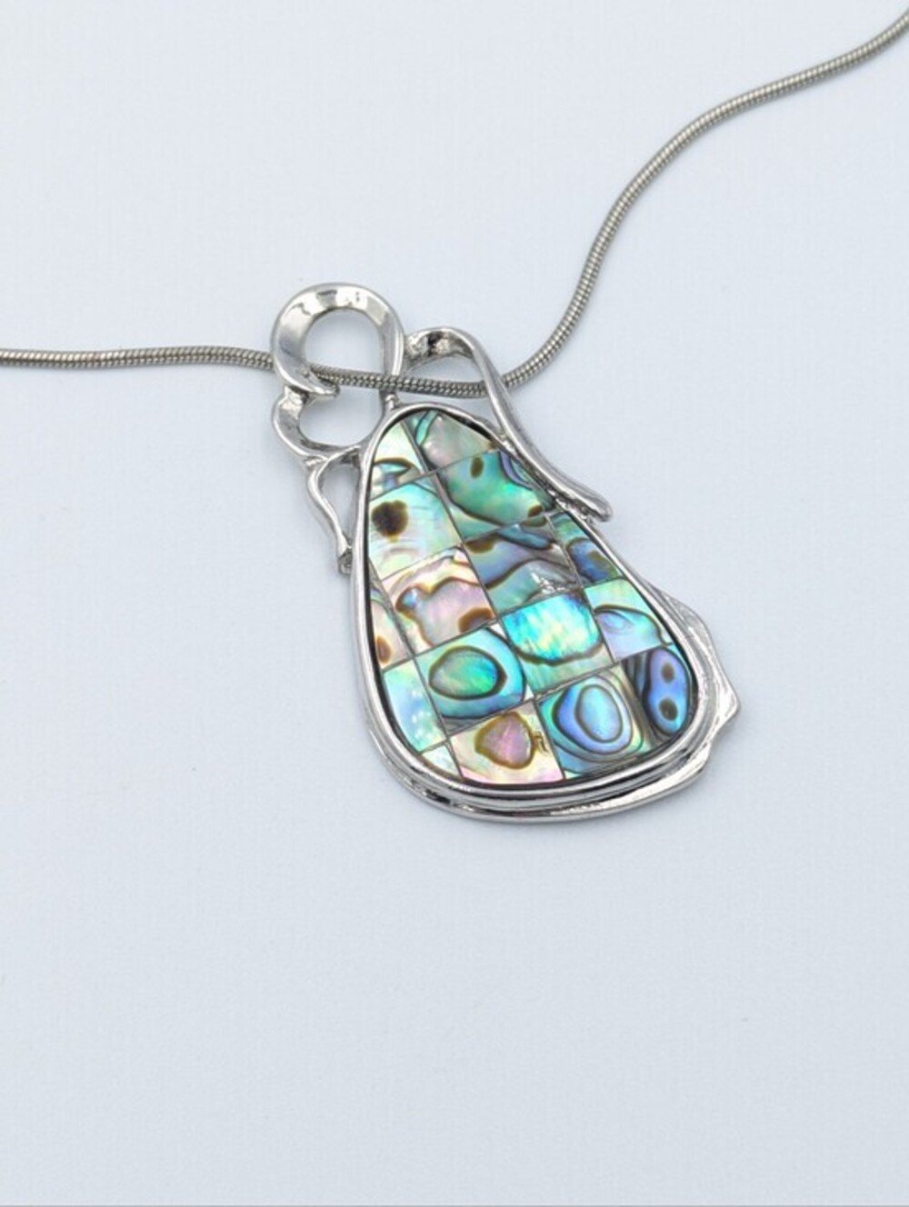 Silver tone abalone shell pendant chain necklace art nouveau design